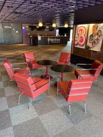 Designstoler, står i kulturhuset i Sandefjord. Trukket om med skinn
